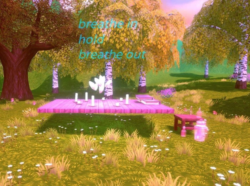 A floating wooden panel of wood is in the middle of a fantastical forest at sunset. There is a pink crystal floating above the panel, with the words, "breathe in, hold, breathe out," above it. Candles, books, and small jars surround the crystal formation and panel. Trees, flowers, and mushrooms surround the panel in the distance. The sunset creates a pink hue on the scene itself, and the floating text is transparent blue.